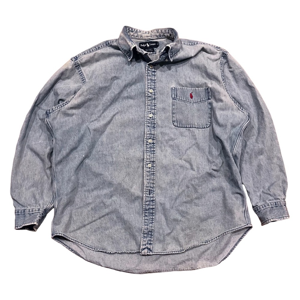 Vintage Polo Ralph Lauren Denim Button Shirt Large Blue Big Shirt Long Sleeve